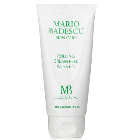 Mario Badescu's Rolling Cream Peel with AHA, a gentle exfoliating cream for all skin types, enriched with Peach Extract and Shea Butter.