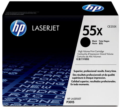 HP 55X Black High Yield Toner cartridge for sharp prints, 13,500 page yield, compatible with various LaserJet printers.