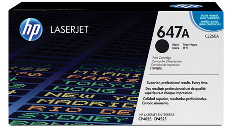 HP 647A Black Toner cartridge for Color LaserJet, yielding up to 8,500 pages with vibrant print quality for professional documents.