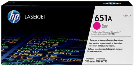 HP 651A Magenta Toner cartridge for vibrant prints, up to 16,000 pages yield, compatible with M775 printers.