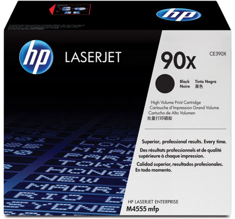 HP 90X High Yield Black Toner cartridge designed for up to 24,000 pages, ensuring crisp, professional-quality printing.