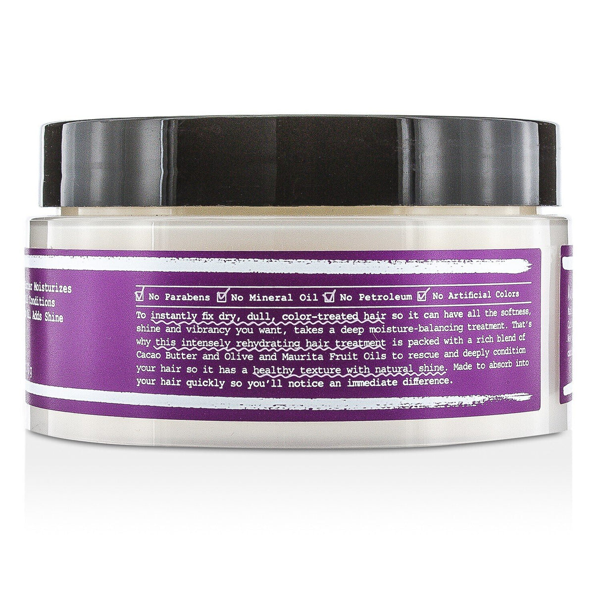Hydrating hair mask for color-treated hair, enriched with cacao butter and olive oil for softness and vibrancy.