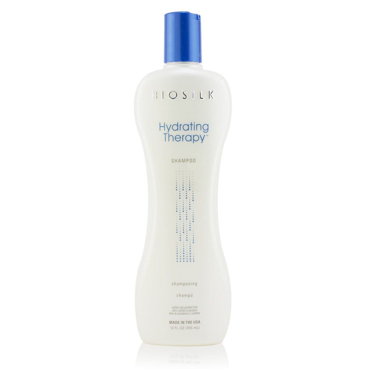 Bottle of BioSilk Hydrating Therapy Shampoo, 355ml, showcasing its sulfate-free formula for dry and damaged hair restoration.