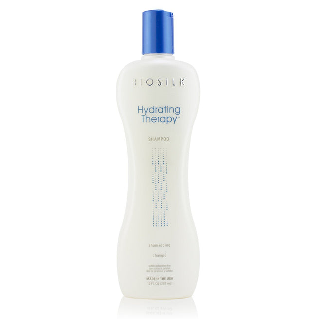 Bottle of BioSilk Hydrating Therapy Shampoo, 355ml, showcasing its sulfate-free formula for dry and damaged hair restoration.