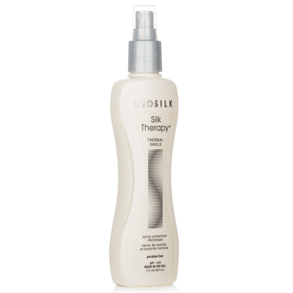 BioSilk Silk Therapy Thermal Shield spray, 207ml, protects hair from heat damage while enhancing shine and manageability.