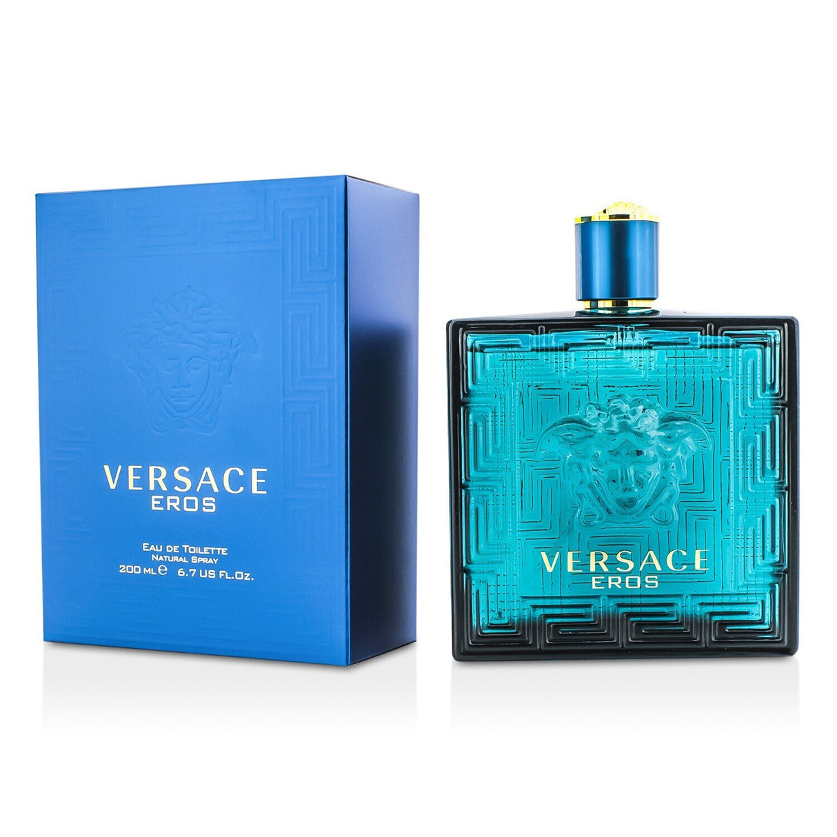 Versace Eros Eau De Toilette Spray 200ml, a bold men's fragrance with mint, apple, tonka, and cedar notes for all occasions.