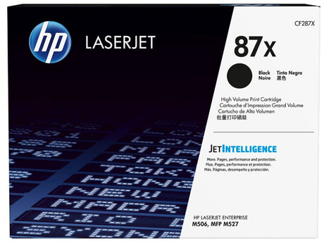 HP 87X Black High Yield Toner cartridge designed for high-volume printing with up to 18,000 pages yield and crisp, sharp text.