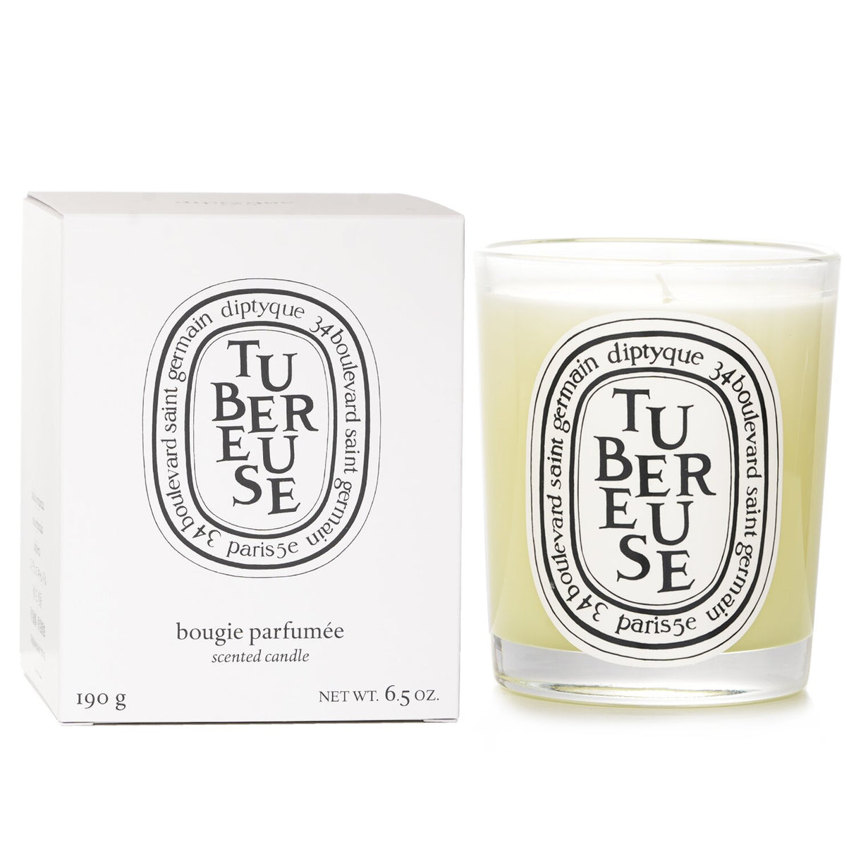 Luxurious Diptyque Tubereuse scented candle with a soft, velvety aroma, crafted for up to 60 hours of soothing ambiance.