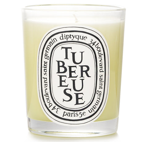 Luxurious Diptyque Tubereuse scented candle in a 190g jar, featuring a soft tuberose aroma and a clean, long-lasting burn.