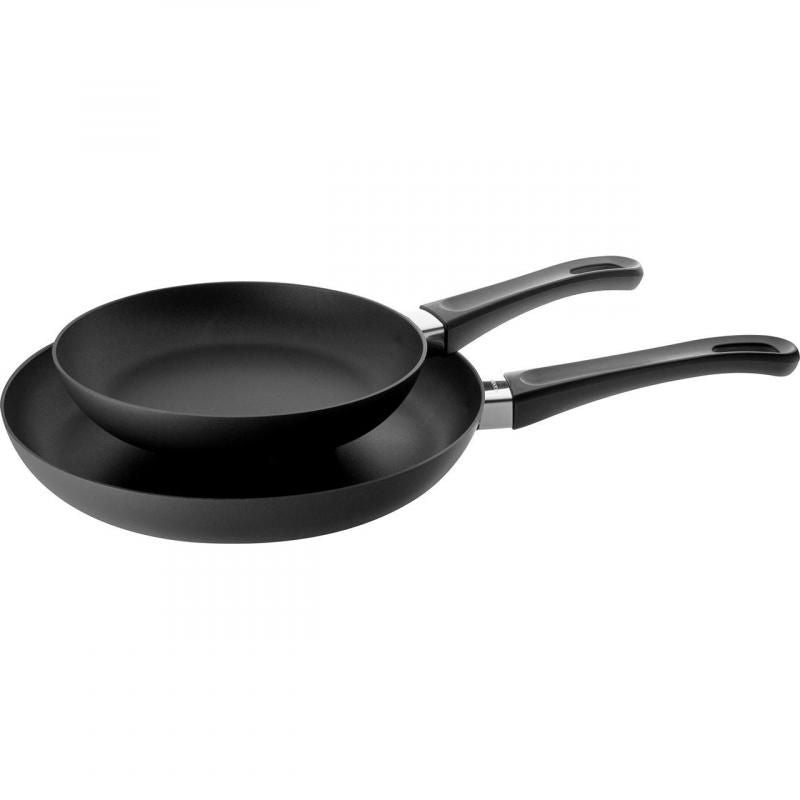 SCANPAN Classic 2 Piece Frypan Set in 20cm and 28cm, featuring non-stick coating and eco-friendly aluminum construction.