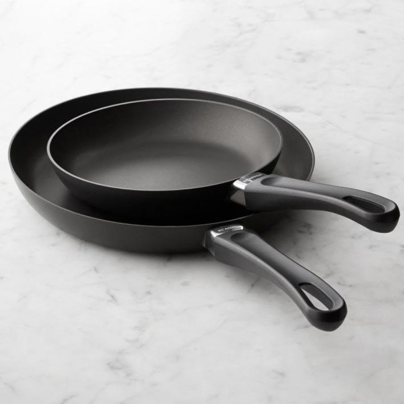 Scanpan Classic 2 Piece Frypan Set in 20cm and 28cm, featuring eco-friendly non-stick surfaces for healthy cooking.