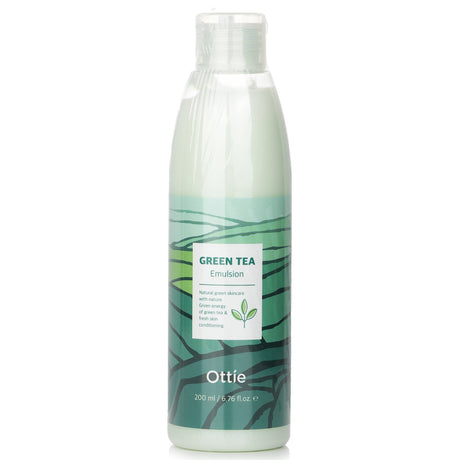 Ottie Green Tea Emulsion 200ml: Lightweight facial moisturizer with green tea extract, allantoin, and hyaluronic acid for radiant skin.