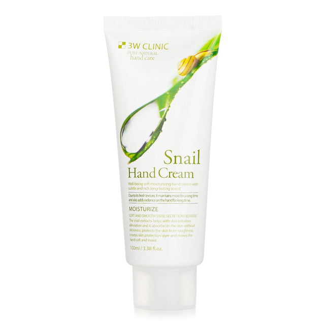 Luxurious 3W Clinic hand cream with snail extract, designed to nourish and soothe dry, irritated skin for smoother hands.