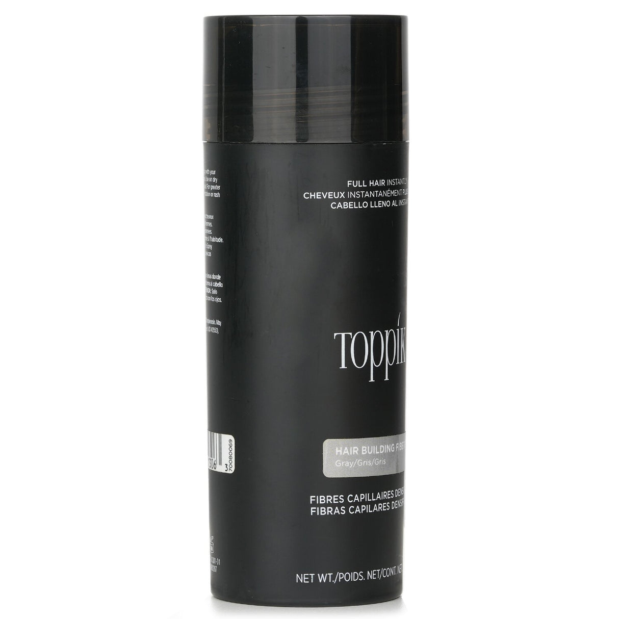 Toppik Hair Building Fibers in gray, 55g, adds volume to fine hair with natural keratin, resistant to wind and rain.