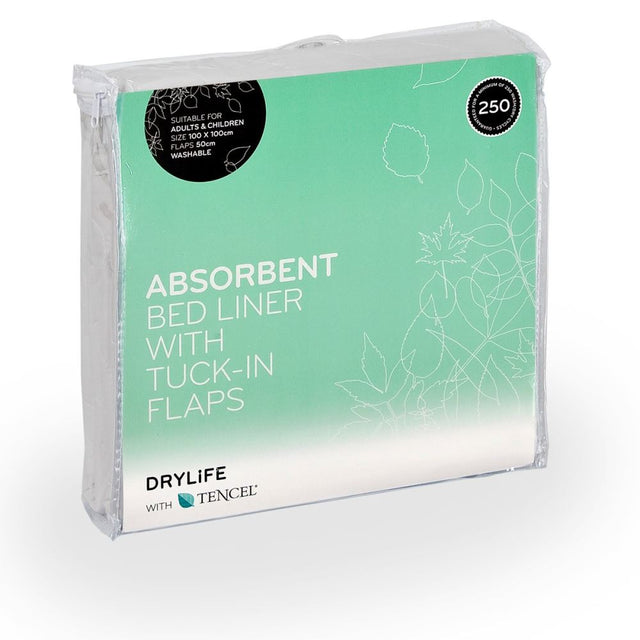 White DryLife bed pad (100x100cm + 50cm flaps) with moisture control, soft Tencel, waterproof backing, and eco-friendly design.