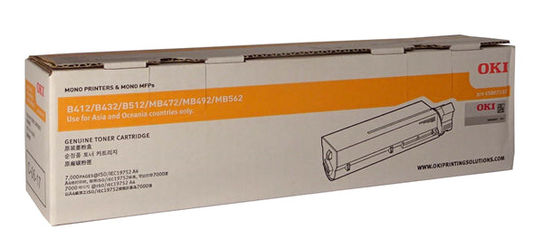 OKI 45807107 Black High Yield Toner cartridge, compatible with various OKI printers, prints up to 7,000 pages for cost-effective performance.