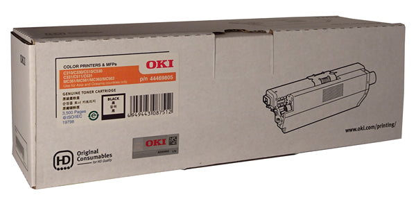 OKI 44469805 Black Toner cartridge for optimal printing in compatible OKI printers, yielding up to 3,500 pages.