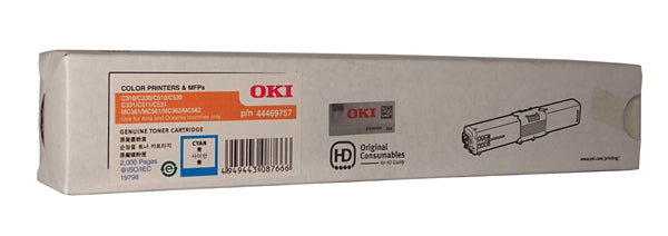 OKI 44469757 Cyan Toner cartridge for vibrant prints, compatible with multiple OKI printer models, yields up to 2,000 pages.