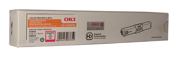 Magenta toner cartridge for OKI printers, yields 2,000 pages, compatible with multiple models.