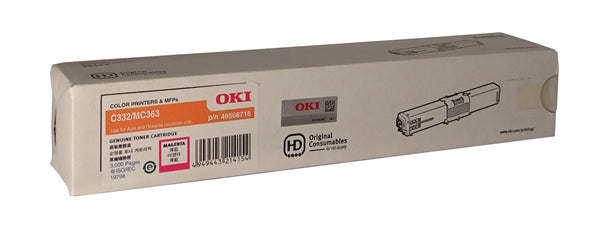 OKI 46508718 Magenta toner cartridge, compatible with C332dn and MC363dn, yields 3,000 pages, ideal for quality printing.