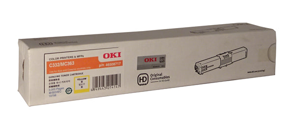 OKI 46508717 Yellow Toner cartridge, compatible with C332dn and MC363dn, yields 3,000 pages for high performance.