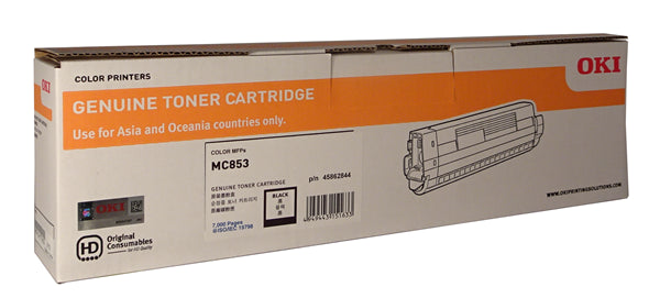 OKI 45862844 Black Toner cartridge for MC853 and MC873, yields up to 7,000 pages, delivers sharp and vibrant prints.