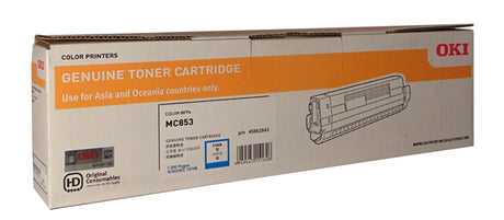 Cyan toner cartridge compatible with OKI MC853 and MC873, yields up to 7,300 pages, delivers vibrant color and sharp text.