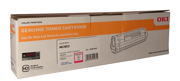 Magenta toner cartridge for OKI printers, yields up to 7,300 pages, ensures vibrant color and reliable performance.