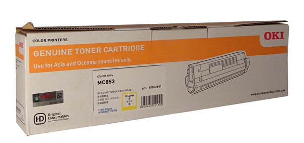 Yellow toner cartridge for OKI printers, delivering vibrant prints and up to 7,300 pages at 5% coverage.