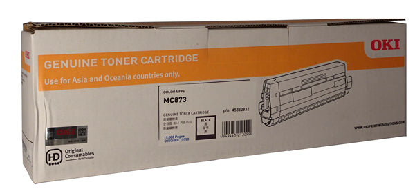 High yield OKI 45862832 Black Toner cartridge designed for MC873, prints up to 15,000 pages with vivid quality.