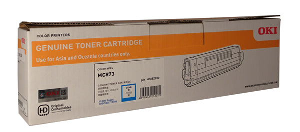 Cyan high yield toner cartridge for OKI printers, provides up to 10,000 pages of vibrant, professional quality prints.