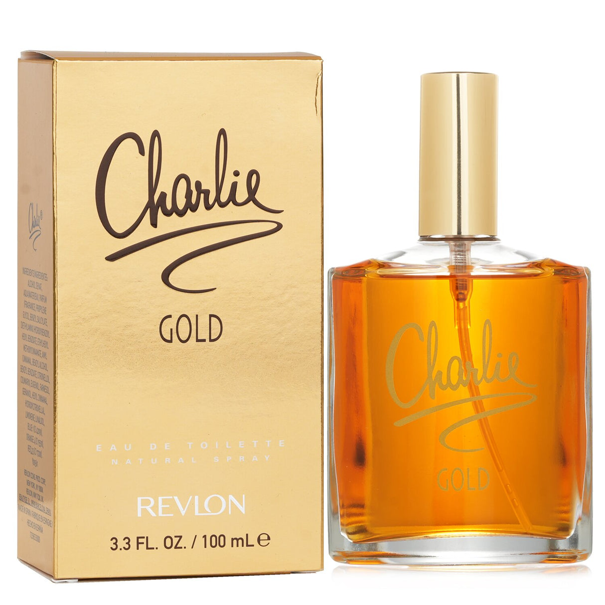 Revlon Charlie Gold Eau De Toilette Spray 100ml, an enchanting oriental floral scent with notes of orange, amber, and sandalwood.