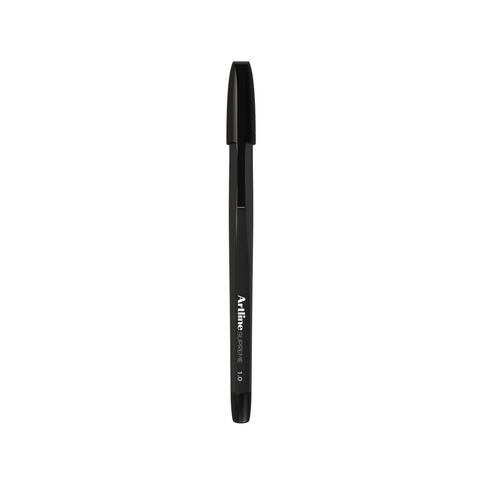 Artline Supreme Black Ballpoint Pens pack of 12, featuring ergonomic grip and smooth 1.0mm ink for effortless writing.