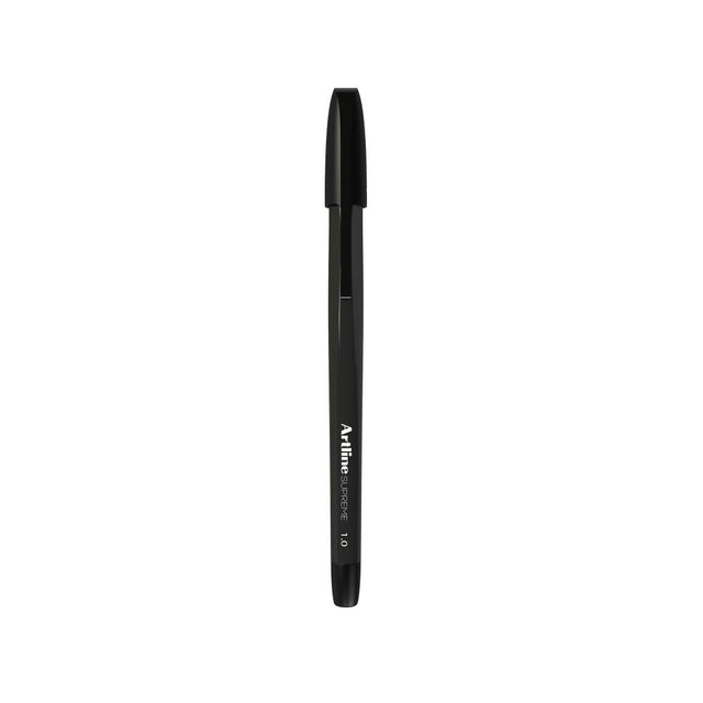 Artline Supreme Black Ballpoint Pens pack of 12, featuring ergonomic grip and smooth 1.0mm ink for effortless writing.