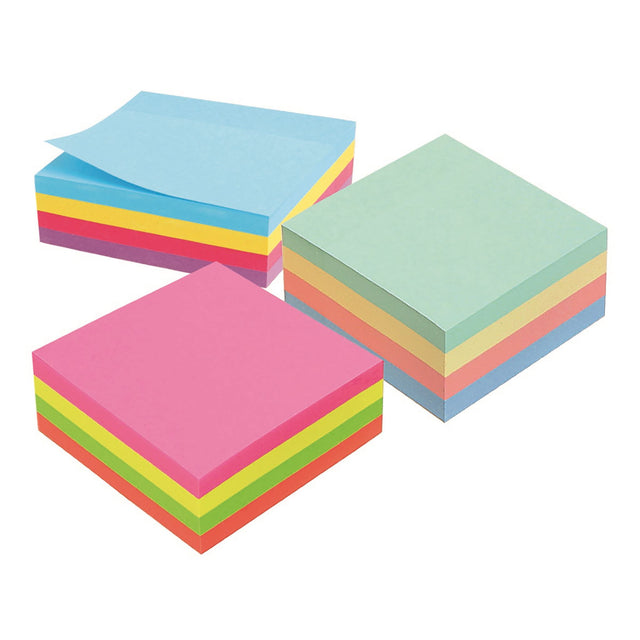 Bright rainbow sticky notes cube with 320 sheets in vibrant colors, perfect for reminders and messages.