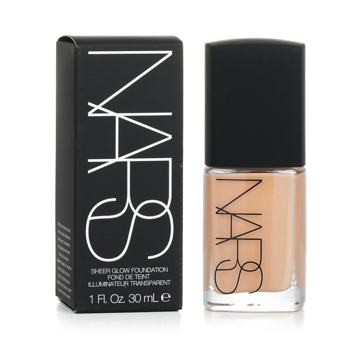 NARS Sheer Glow Foundation in Vallauris (Medium 1.5) offers buildable coverage for a radiant finish, suitable for dry skin.