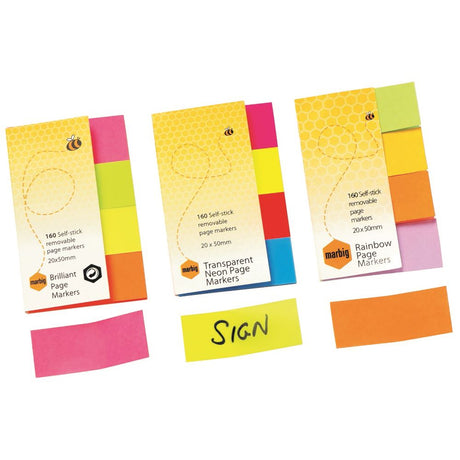 Marbig Neon Page Markers in vibrant colors, 20x50mm, ideal for organizing and highlighting key information in documents.