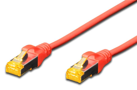 Digitus S-FTP CAT6A patch lead in red, 2M long, with RJ45 connectors, enhanced shielding, and strain relief for reliable connectivity.