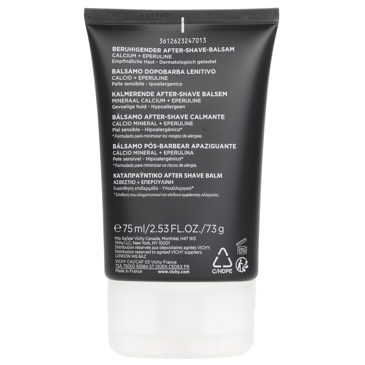 Vichy Homme Soothing After-Shave Balm in a 75ml tube, designed for sensitive skin, offers instant relief and hydration.