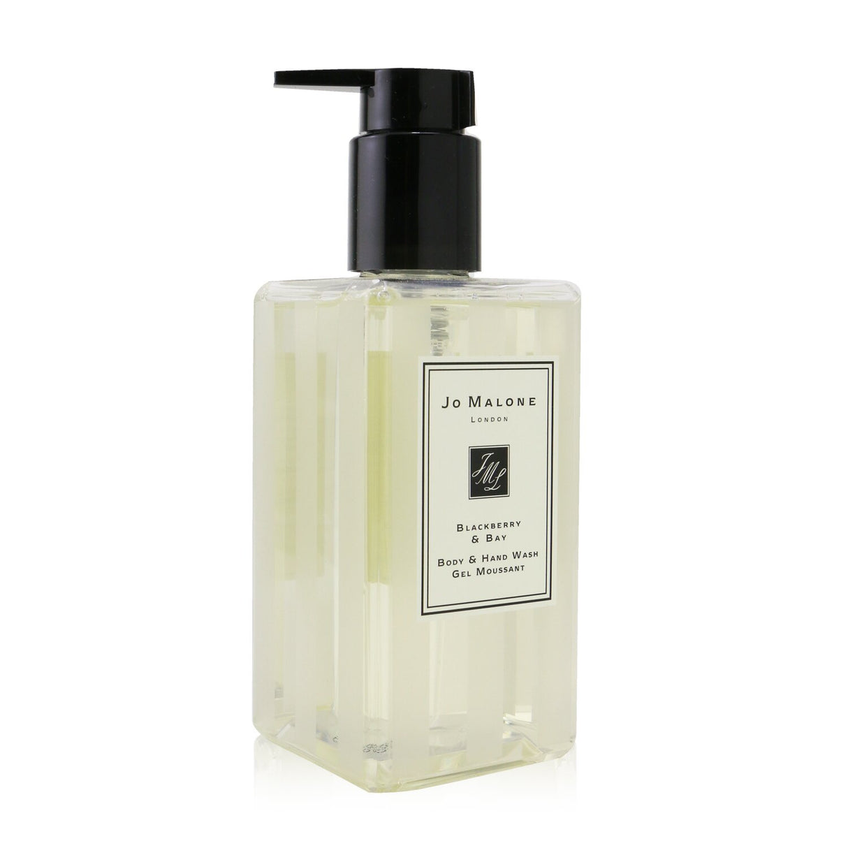 Luxurious Jo Malone Blackberry & Bay Body & Hand Wash in pump bottle, gently cleanses and hydrates with a refreshing berry scent.