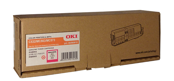 OKI 46490610 Magenta Toner cartridge for C532 and MC573, delivers vibrant prints with a yield of up to 6,000 pages.