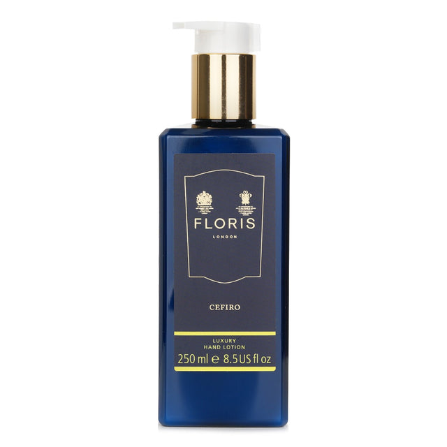 Floris Cefiro Luxury Hand Lotion in a 250ml bottle, enriched with almond oil and Vitamin E for nourishing, youthful hands.