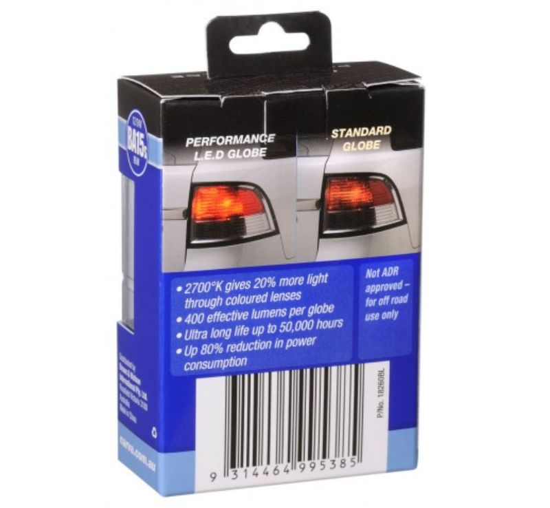 Bright 12/24V BA15S R5W LED globes 2-pack, offering 400 lumens, 2700K warm light, and 50,000-hour lifespan for vehicle lighting.