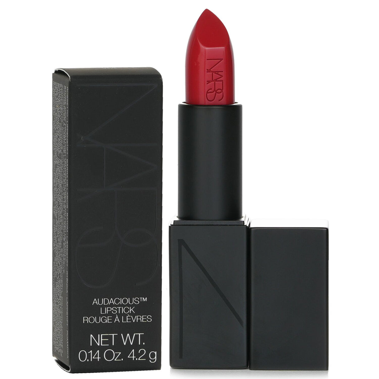 NARS Audacious Lipstick in Rita, a bold red with a satin finish, offers creamy, nourishing coverage for a luxurious look.