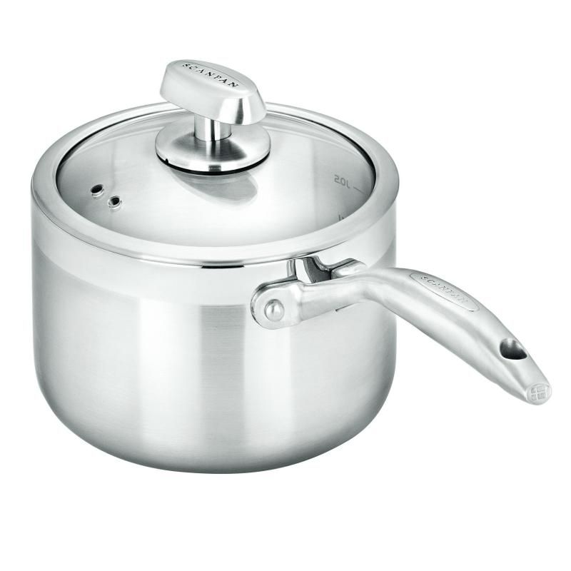 Scanpan CLAD 5 18cm saucepan with 5-layer stainless steel, tempered glass lid, and cast handles for even cooking.