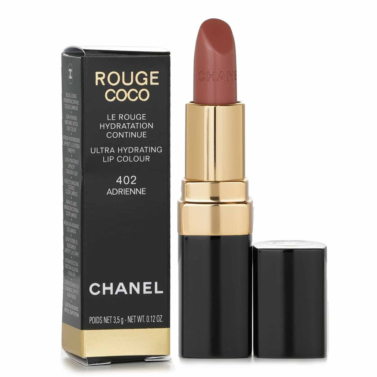 Chanel Rouge Coco Ultra Hydrating Lip Colour #402 Adriennne, a luxurious lip color with vibrant shine and nourishing ingredients.