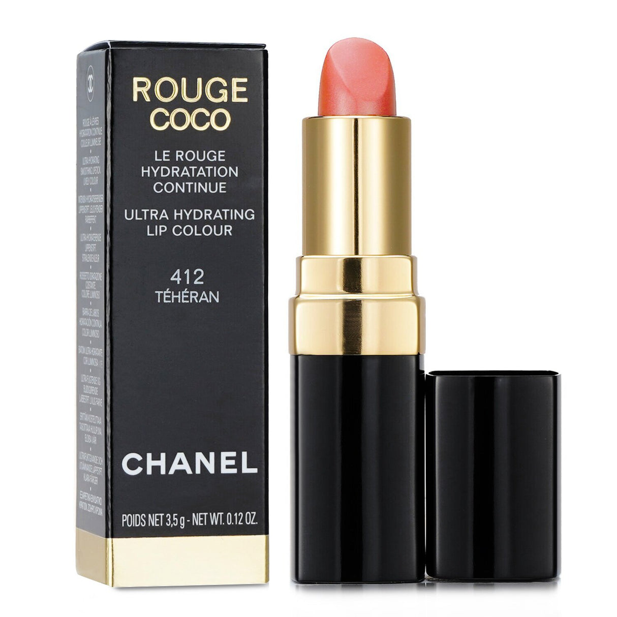 Chanel Rouge Coco Ultra Hydrating Lip Colour #412 Teheran, 3.5g, offers vibrant color, moisture, and shine for a luscious pout.