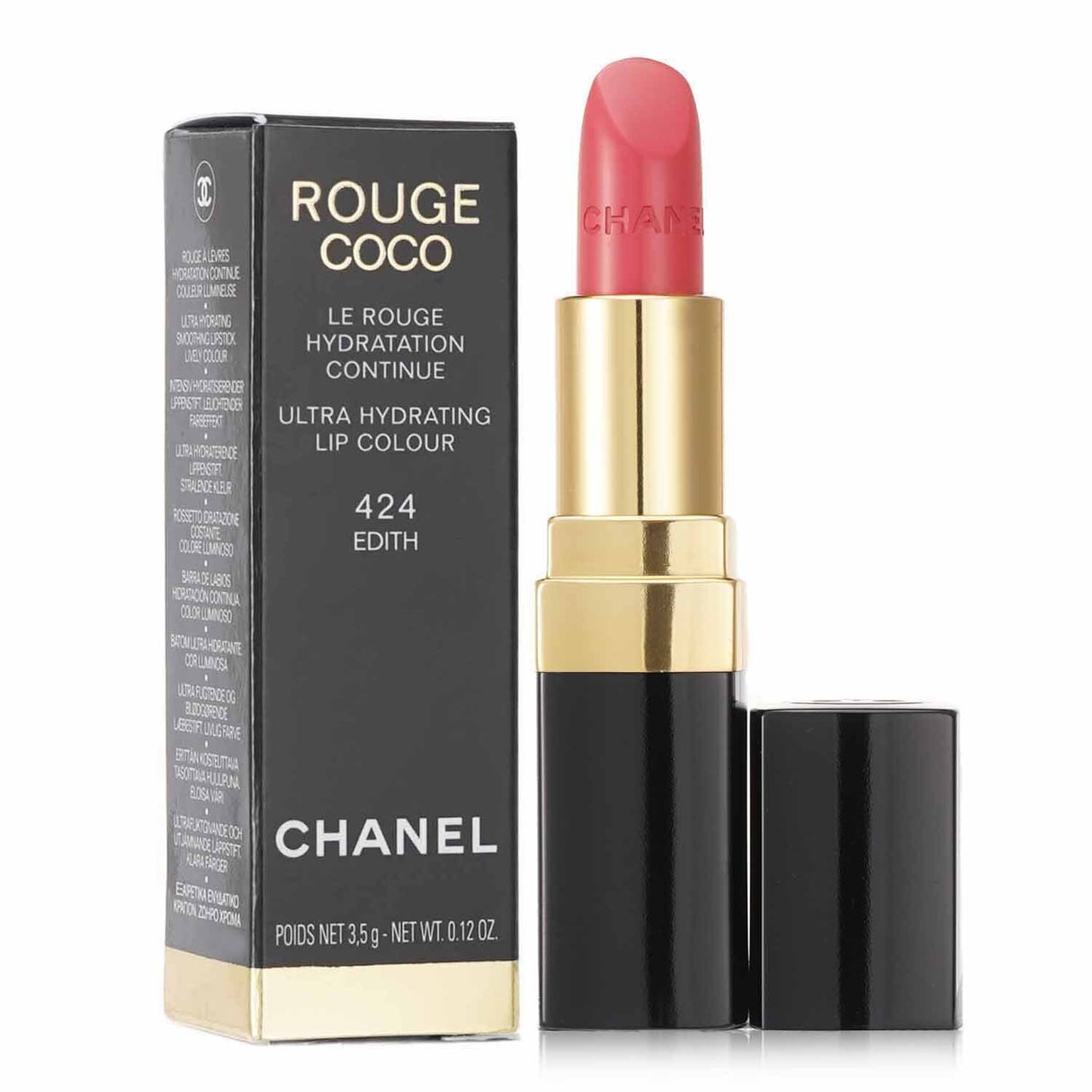 Chanel Rouge Coco #424 Edith lipstick with hydrating formula, vibrant color, and luxurious shine for smooth, plump lips.