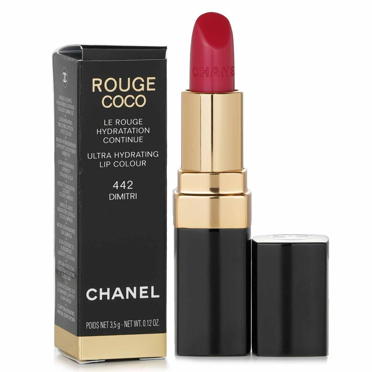 Chanel Rouge Coco Lip Colour #442 Dimitri, a hydrating lipstick with vibrant color and shine, enriched with Jojoba and Mimosa Butters.