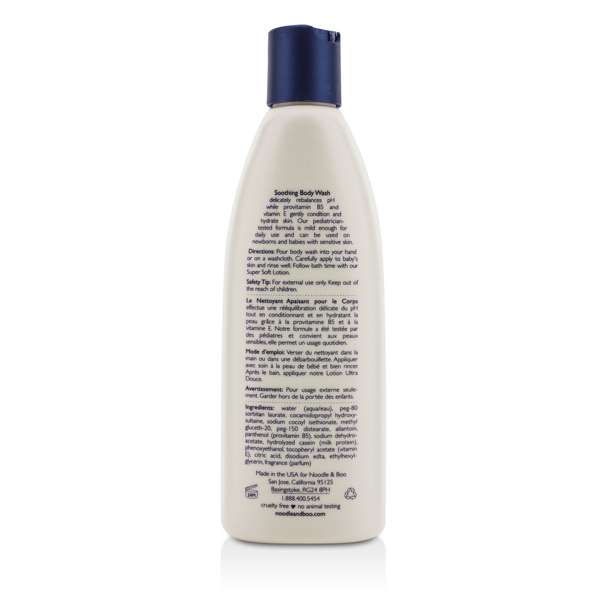 Soothing body wash for newborns, with a tearless, hypoallergenic formula for sensitive skin, enriched with milk protein and vitamins.
